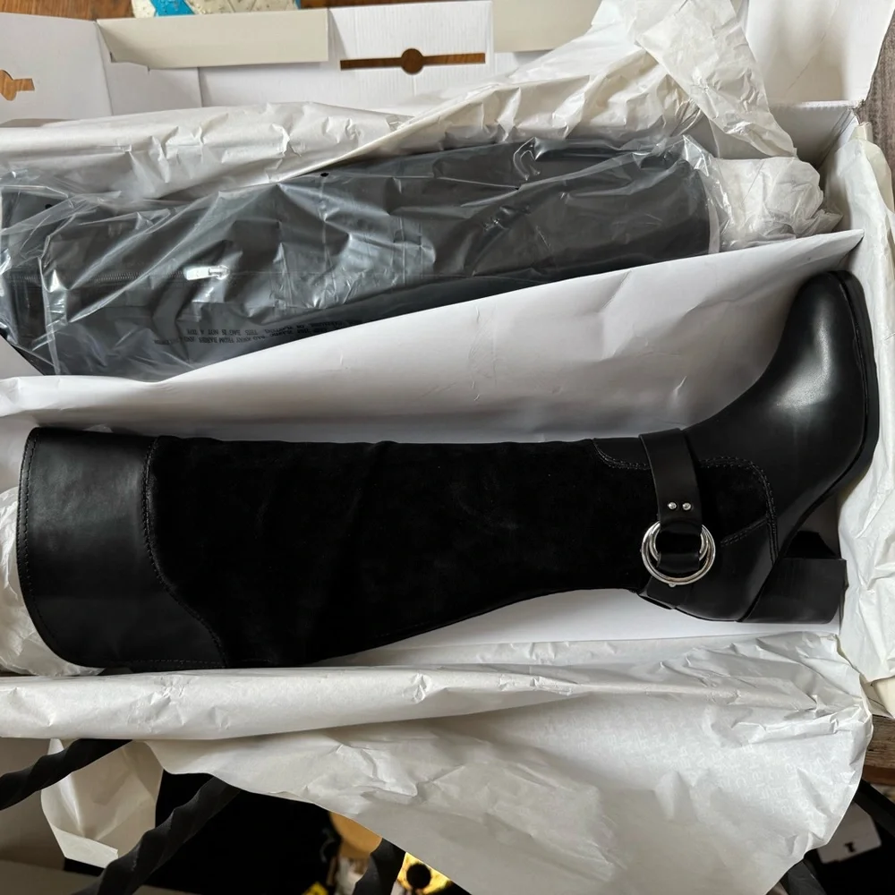 Black Knee-High Leather & Suede Riding Boots